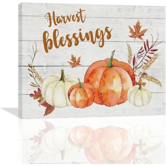 LH137HB-Farm Pumpkins Kitchen Wall Art Farmhouse Autumn Leaves Pictures Wall Decor Rustic Fall Harvest Blessings Painting Thanksgiving Gifts Canvas Artwork for Dining Room Living Room Bedroom