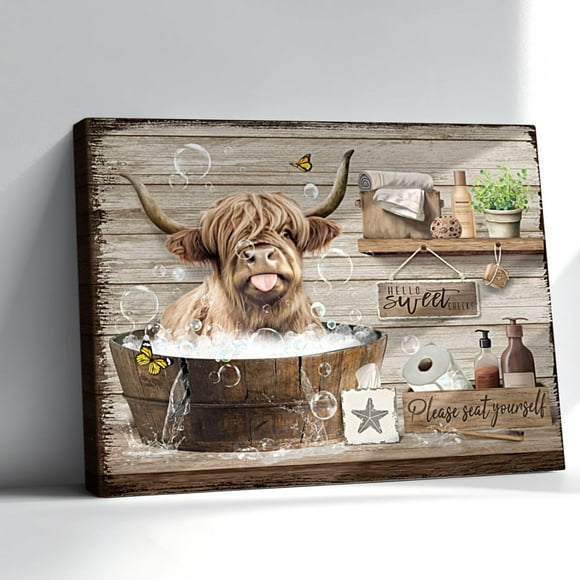 LH137HB-Farmhouse Highland Cow Bathroom Wall Art Country Rustic Cow Takes a Bath in The Bathtub Cow Pictures Wall Decor Animal Canvas Print Artwork For Bathroom Decor