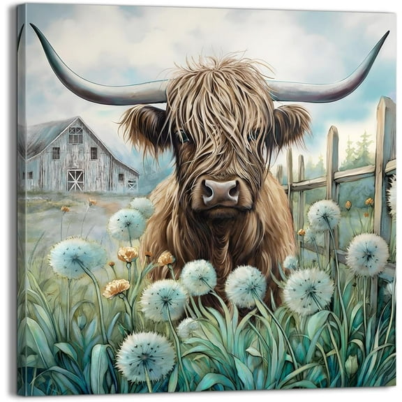 LH137HB-Farmhouse Highland Cow Wall Decor in Teal and Brown: Rustic Cow and Dandelion picture Canvas Art Print, Gift for Bathroom or Kitchen, Ideal Animal Artwork for Living Room