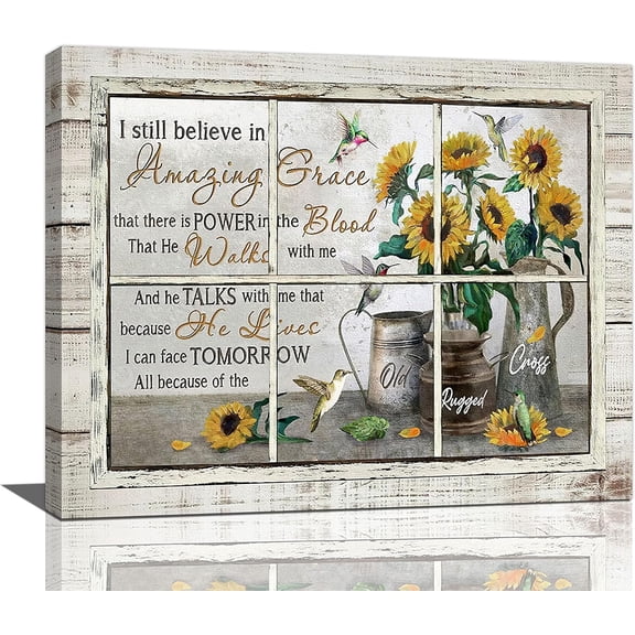 LH137HB-Farmhouse Sunflower Wall Art Country Rustic Window Sunflower Hummingbird Pictures Wall Decor Amazing Grace Canvas Prints Paintings Artwork Home Decor For Bathroom Bedroom Living Room