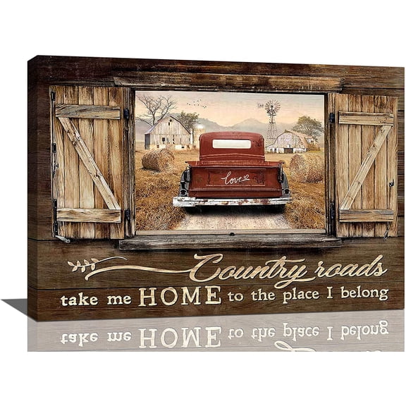 LH137HB-Farmhouse Wall Art Rustic Truck Pictures Wall Decor Country Old Barn Landscape Canvas Painting Prints Country Roads Take Me Home Modern Artwork Home Decoration for Bedroom Living Room