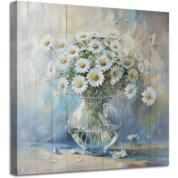 LH137HB-Flower Canvas Wall Art Daisy Floral White Yellow Painting Modern Bloosm Picture Artwork for Bathroom Living Room Bedroom Kitchen Home Office Wall Decor,
