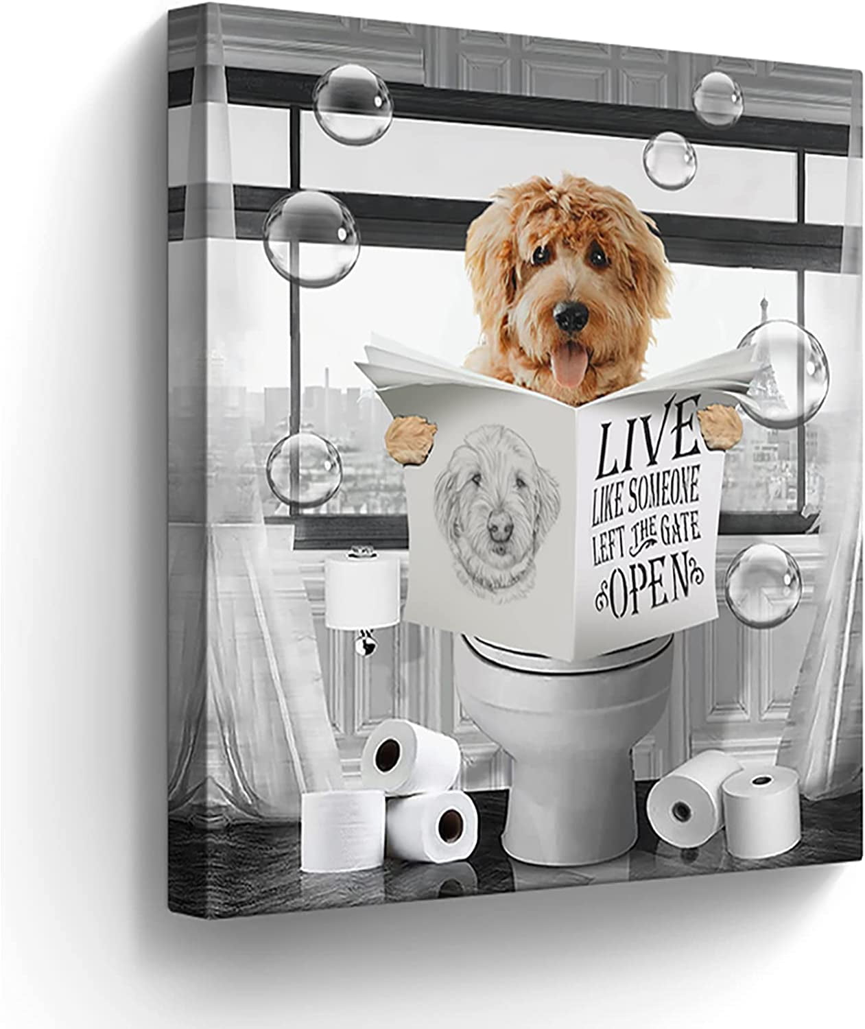 LH137HB-Funny Dog Sitting in Toilet Bathroom Decor Wall Art Black and ...