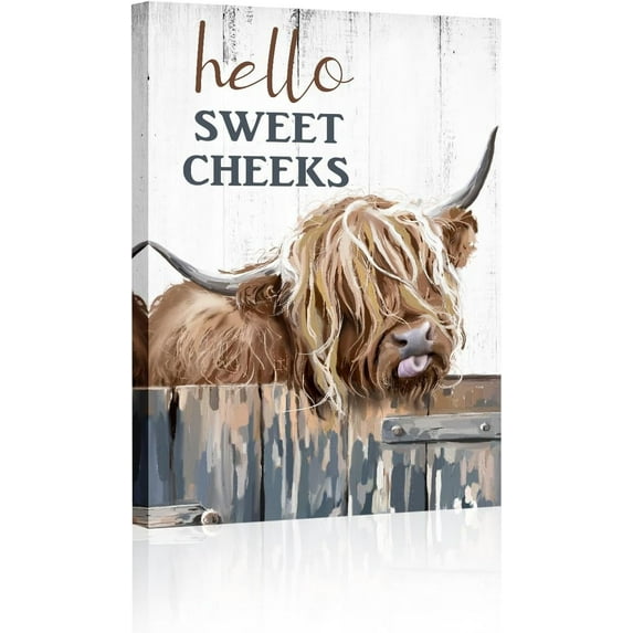 LH137HB-Highland Cow Picture Bathroom Decor: Hello Sweet Cheeks Highland Cow Wall Art Canvas Prints Farmhouse Bathroom Wall Decor, Farm Animal Pictures Cow Paintings Rustic Country Home Decor