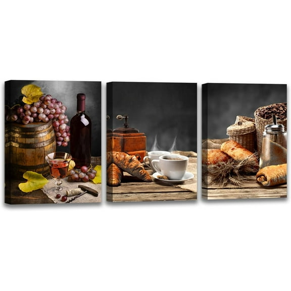 LH137HB-Kitchen Canvas Wall Art Coffee and Red Wine Paintings Vintage Farmhouse Pictures Bread Grapes Fruit Prints Artwork for Dining Room Bar Home Wall Decor, x3 Panels