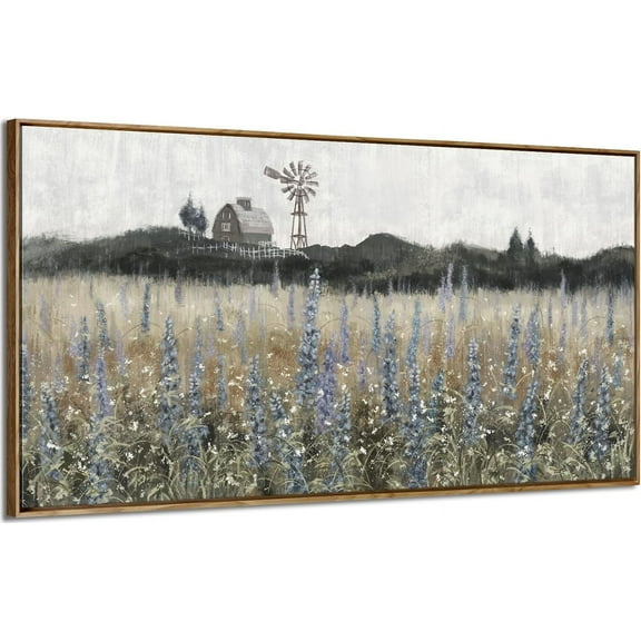 LH137HB-Large Wall Art for Living Room Nature Wilderness Landscape Painting Vintage Canvas Print Rustic Farmhouse Scenery Picture Countryside Wildflower Field Meadow Windmill Barn Artwork