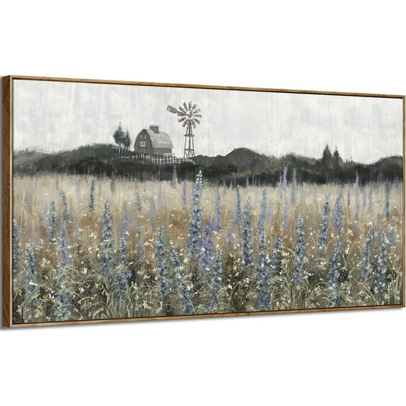 LH137HB-Large Wall Art for Living Room Nature Wilderness Landscape Painting Vintage Canvas Print Rustic Farmhouse Scenery Picture Countryside Wildflower Field Meadow Windmill Barn Artwork