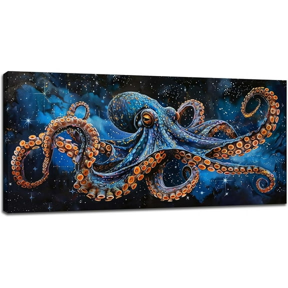 LH137HB-Octopus Wall Art Blue Space Octopus Pictures Wall Decor Galaxy Canvas Prints Artwork Paintings Coastal Home Office Decorations for Living Room Bedroom Dinning Room