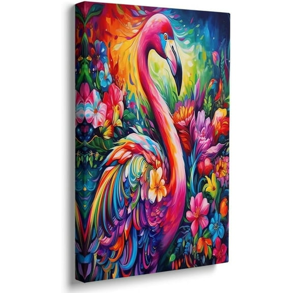 LH137HB-Rainbow Flamingo With Orchids Canvas Flamingo Wall Art Flamingos Decor Pink Flamingos Posters Tropical Plant Flowers Prints,Flamingo Pictures Spring Wall Decor for Girl Bedroom