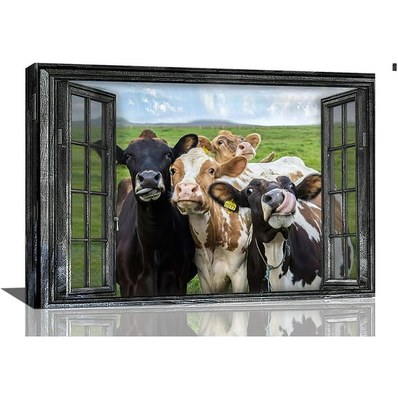LH137HB-Rustic Cow Wall Art Funny Cows Window Pictures Wall Decor Farmhouse Cow Canvas Painting Print Modern Artwork Country Room Decor Ready to Hang for Living Room Bathroom Office