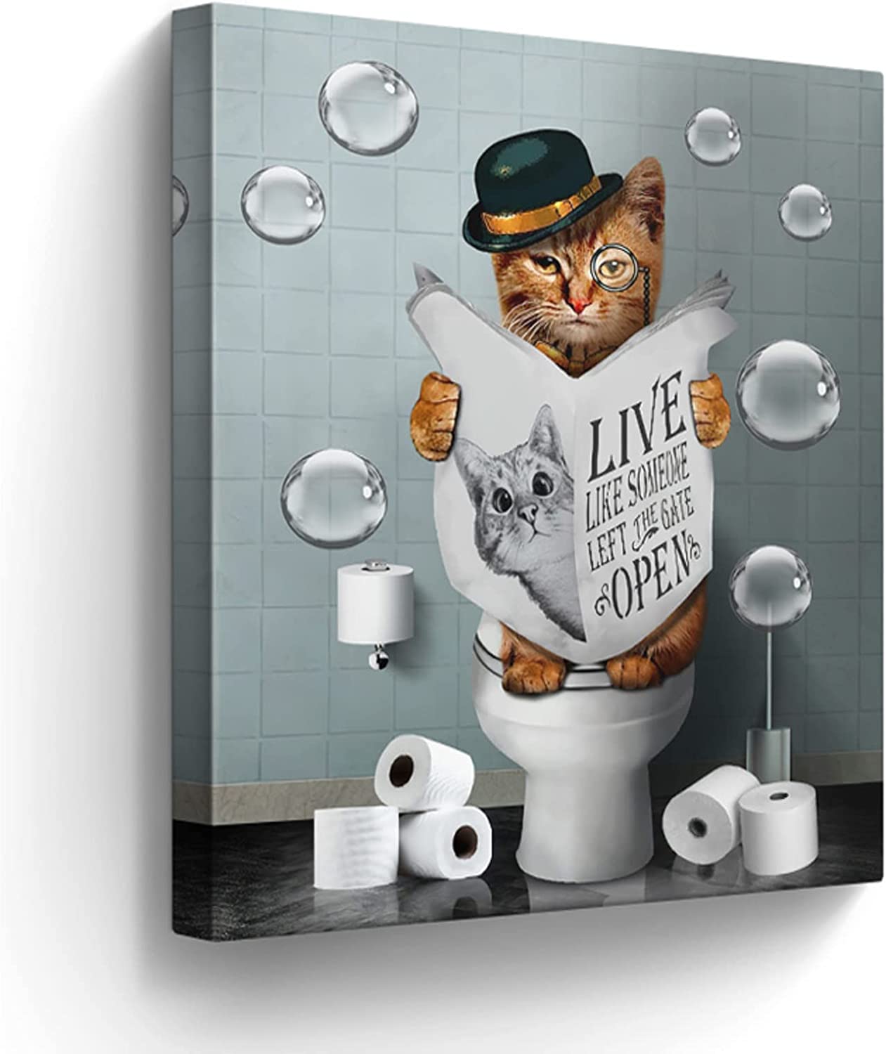 LH138HB-Bathroom Decor Canvas Wall Art Cute Cat Sitting in Toilet ...