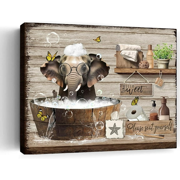 LH138HB-Unframed Farmhouse Elephant Bathroom Wall Art Country Rustic Elephant Takes a Bath in The Bathtub Elephant Pictures Wall Decor Animal Canvas Print Artwork For Bathroom Decor