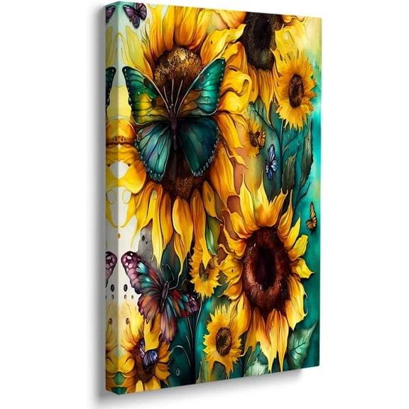 LH138HB-Unframed Spring Sunflower Bathroom Decor Rustic Bedroom Wall Art Farmhouse Kitchen Paintings for Wall Decorations Countryside Butterfly Canvas Print Artwork Pictures for Kitchen Wall Decor