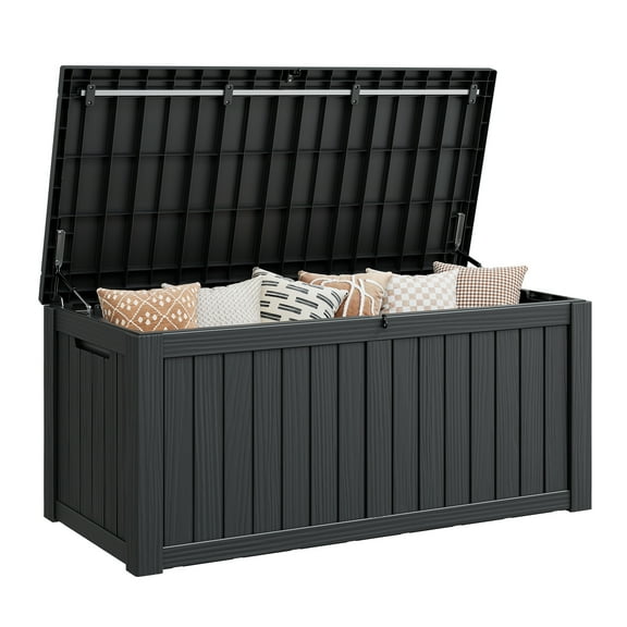 LHBcraft 150 Gallon Resin Deck Box,Lockable Outdoor Storage Container,Waterproof Storage Box for Patio Furniture Cushions,Black