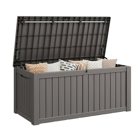 LHBcraft 150 Gallon Resin Deck Box,Lockable Outdoor Storage Container,Waterproof Storage Box for Patio Furniture Cushions,Gray