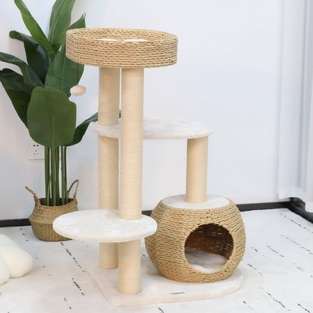 LHBcraft 39" Woven Cat Tree for Indoor Cats, 4-Level Modern Cat Tree w/Sisal Scratching Posts, Beige
