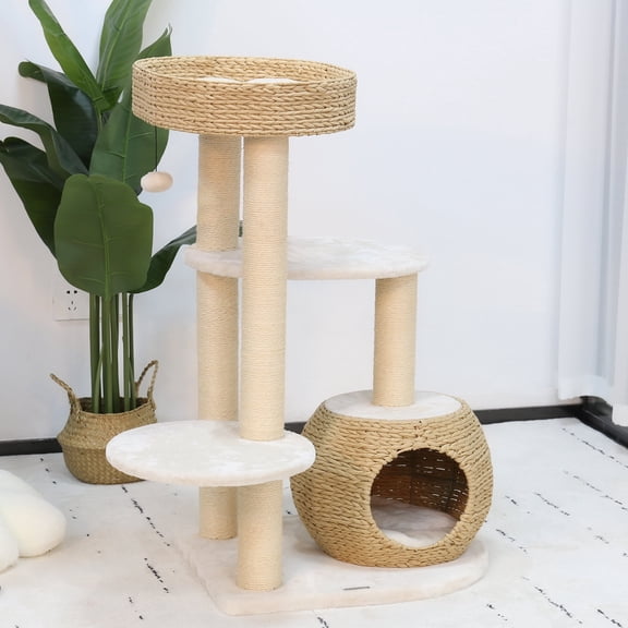 LHBcraft 39" Woven Cat Tree for Indoor Cats, 4-Level Modern Cat Tree w/Sisal Scratching Posts, Beige