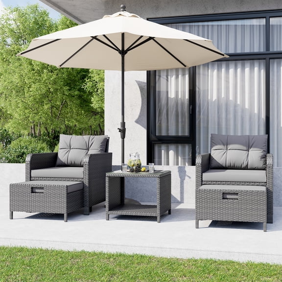 LHBcraft 5-Piece Patio Conversation Set, PE Wicker Rattan Outdoor Lounge Chairs with Cushions, 2 Ottomans & Glass Table for Porch, Lawn – Grey Wicker