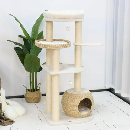 LHBcraft 53" Woven Cat Tree for Indoor Cats, 5-Level Modern Cat Tree w/Sisal Scratching Posts, Beige