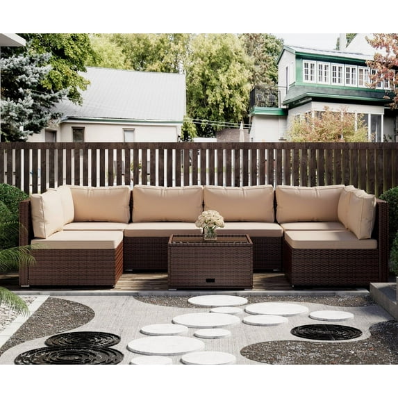 LHBcraft 7 Piece Patio Furniture Set, All Weather PE Rattan Outdoor Sectional Brown Wicker