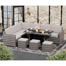 Bifanuo 7 Piece Patio Furniture Set, Outdoor Furniture Patio Sectional Sofa, All Weather PE Rattan Outdoor Sectional with Beige Cushions and Table, Grey Wicker