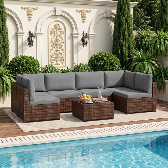 LHBcraft 7 Pieces Patio Conversation Set, All-Weather Rattan Wicker Outdoor Sectional Furniture with Coffee Table for Garden & Backyard & Poolside, Grey