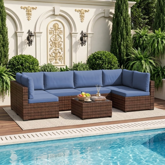 LHBcraft 7 Pieces Patio Conversation Set, All-Weather Rattan Wicker Outdoor Sectional Furniture with Coffee Table for Garden & Backyard & Poolside, Taupe-Blue