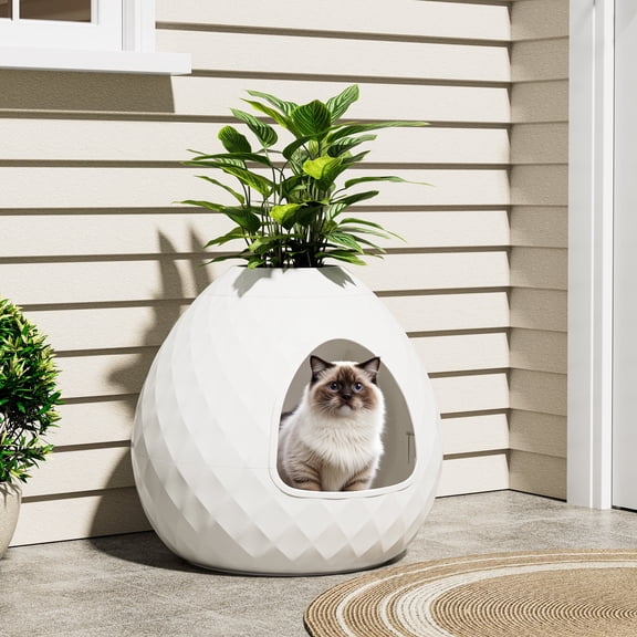 LHBcraft Cat Litter Box Enclosure, Resin Egg-Shaped Hidden Litter Box Furniture with Removable Planter Top, Multi-Functional & Easy to Clean for Living Room Indoor, White