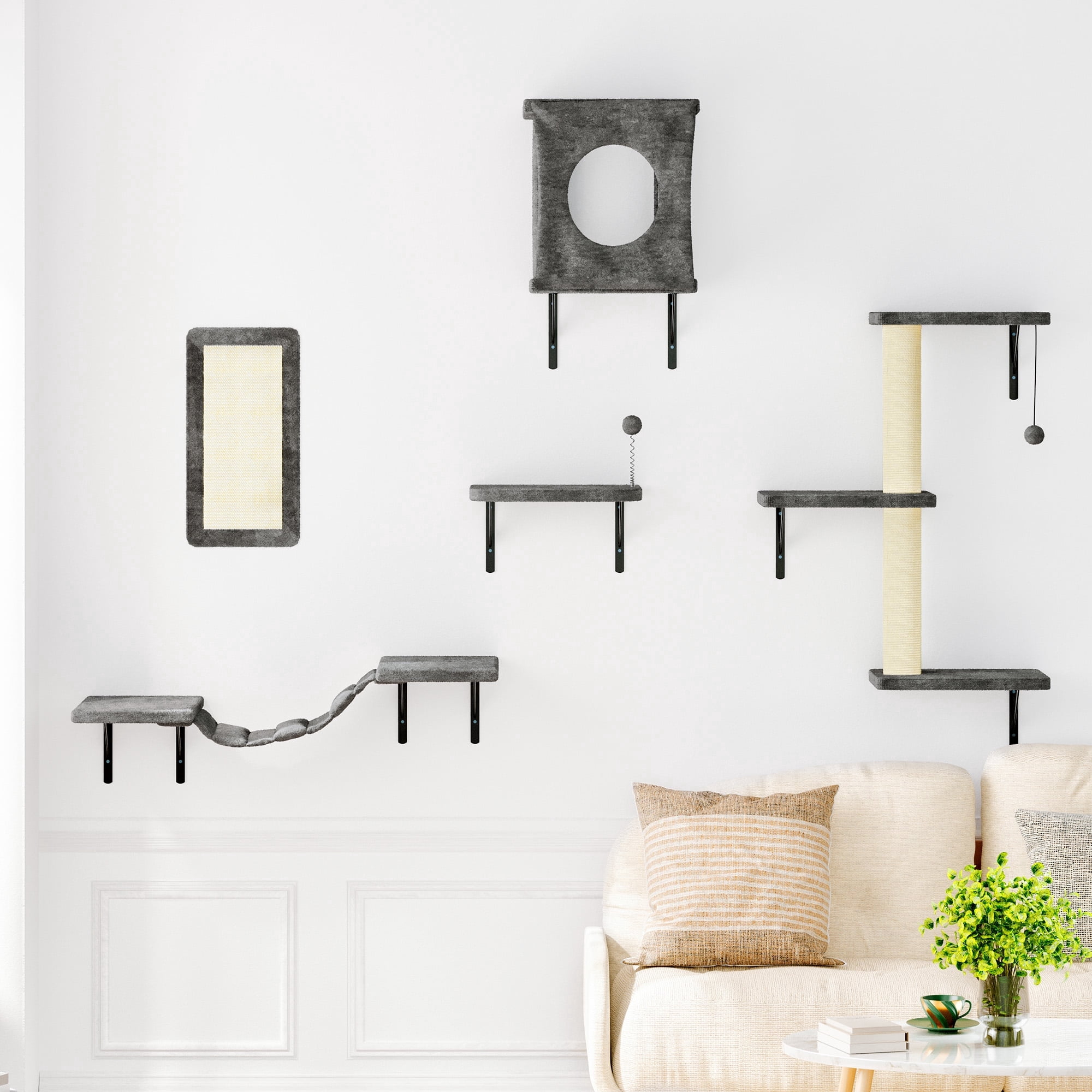 LHBcraft Cat Wall Shelves, 5Pc Wall-Mounted Cat Furniture, Cat Wall Shelves Cat Climber, Floating Cat Perch, Bridge, Cat Tree, Cat House, Modern Cat Furniture for Kitten, Grey