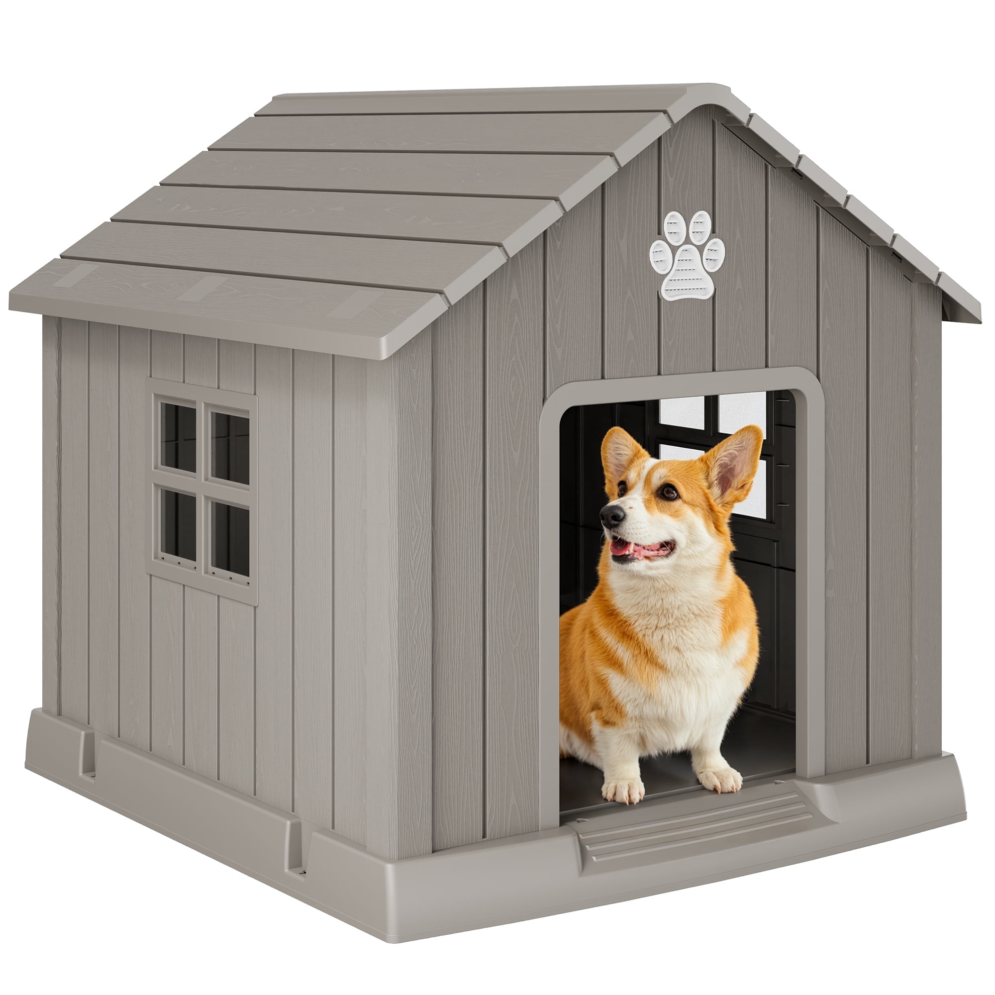 LHBcraft Dog House,Weatherproof Resin Shelter with Air Vents and Elevated Floor for Small-Medium Dogs,Dog kennel for Indoor&Outdoor,Gray,32.3" L x 29.9" W x 32.5" H