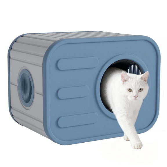 LHBcraft Indoor & Outdoor Cat House, Weatherproof Resin Cat Shelter with Camera-Shaped Design, Ventilated Spacious Assemble Easily for Home, Yard & Garden, Blue
