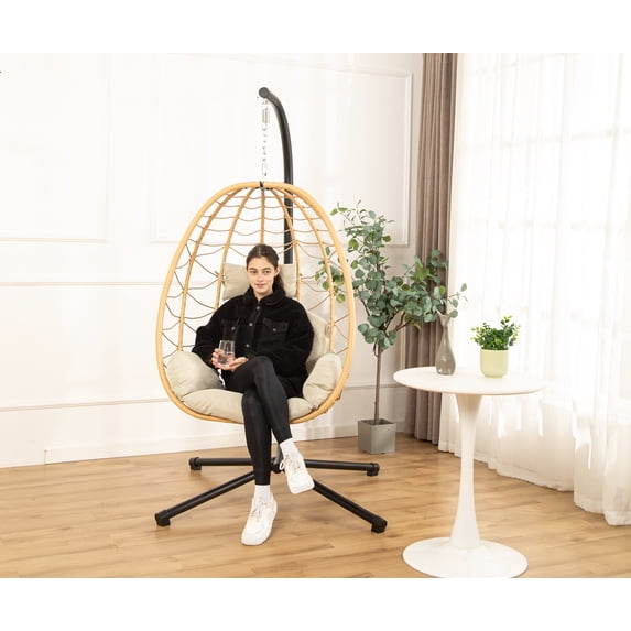LHBcraft Indoor Outdoor Swing Egg Chair with Stand, Patio Wicker Hanging Egg Basket Chair with Soft Cushion UV Resistant 350LBS Capacity for Patio Backyard
