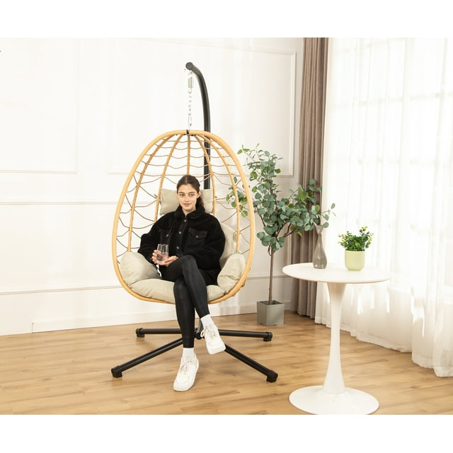 LHBcraft Indoor Outdoor Swing Egg Chair with Stand, Patio Wicker