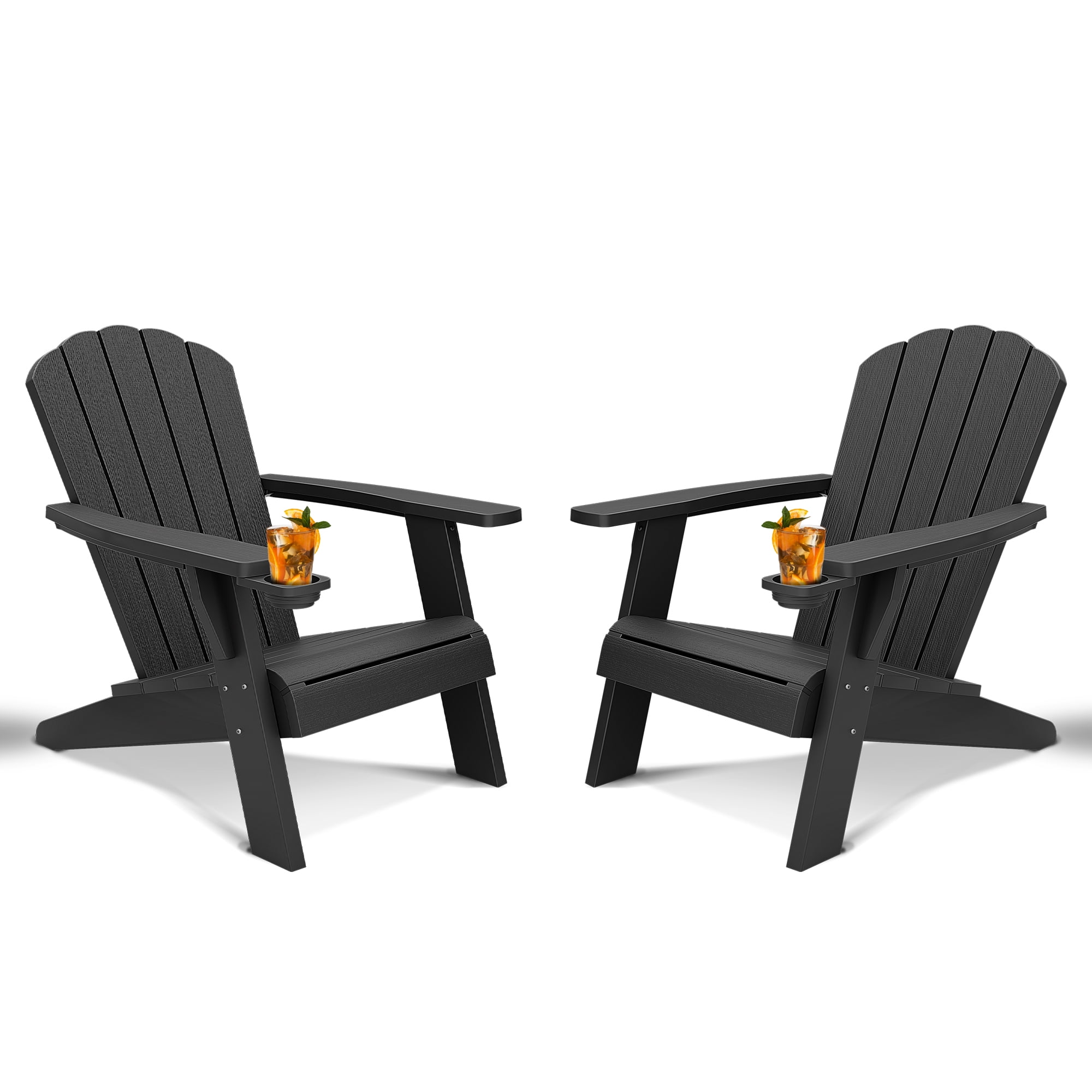 LHBcraft Outdoor Adirondack Chair with Cup Holder, HDPE Wood Grain Texture, Patio Chair, Weather-Resistant Outdoor Chair for Poolside, Patio, Backyard, Garden, Fire Pit Seating（Set of 2)