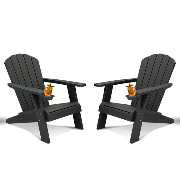 LHBcraft Outdoor Adirondack Chair with Cup Holder, HDPE Wood Grain Texture, Patio Chair, Weather-Resistant Outdoor Chair for Poolside, Patio, Backyard, Garden, Fire Pit Seating（Set of 2)
