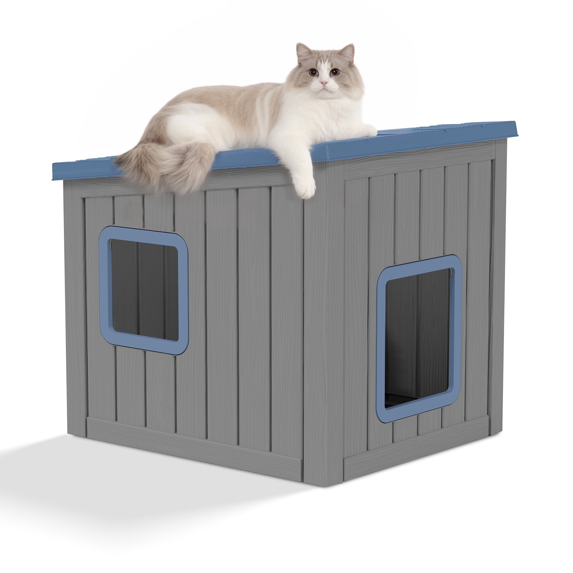 LHBcraft Outdoor Cat House,Durable Insulated PP Shelter for Feral Kittens,Weatherproof Shelter for Garden,Gray & Blue
