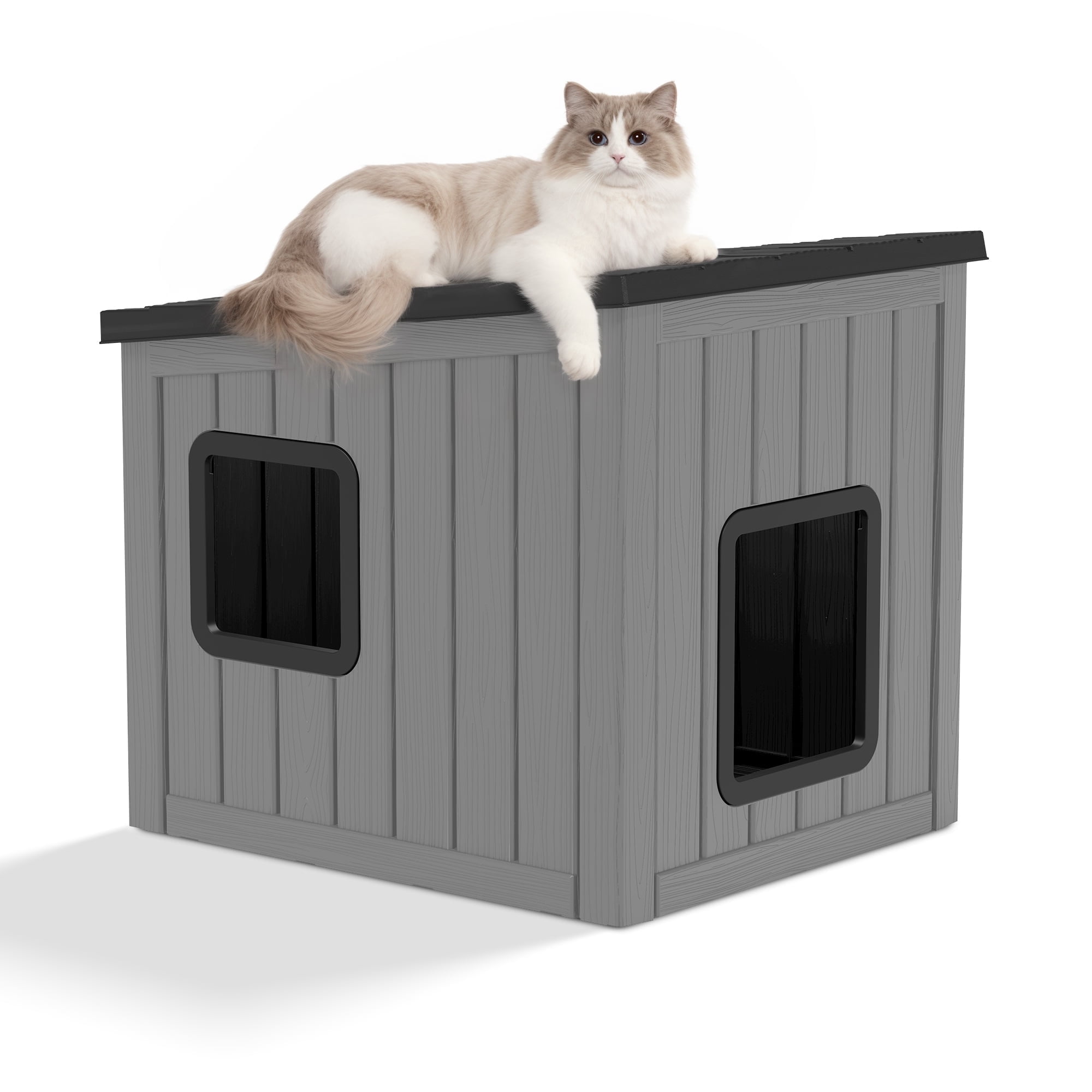 LHBcraft Outdoor Cat House,Durable Insulated PP Shelter for Feral Kittens,Weatherproof Shelter for Garden,Gray & Black