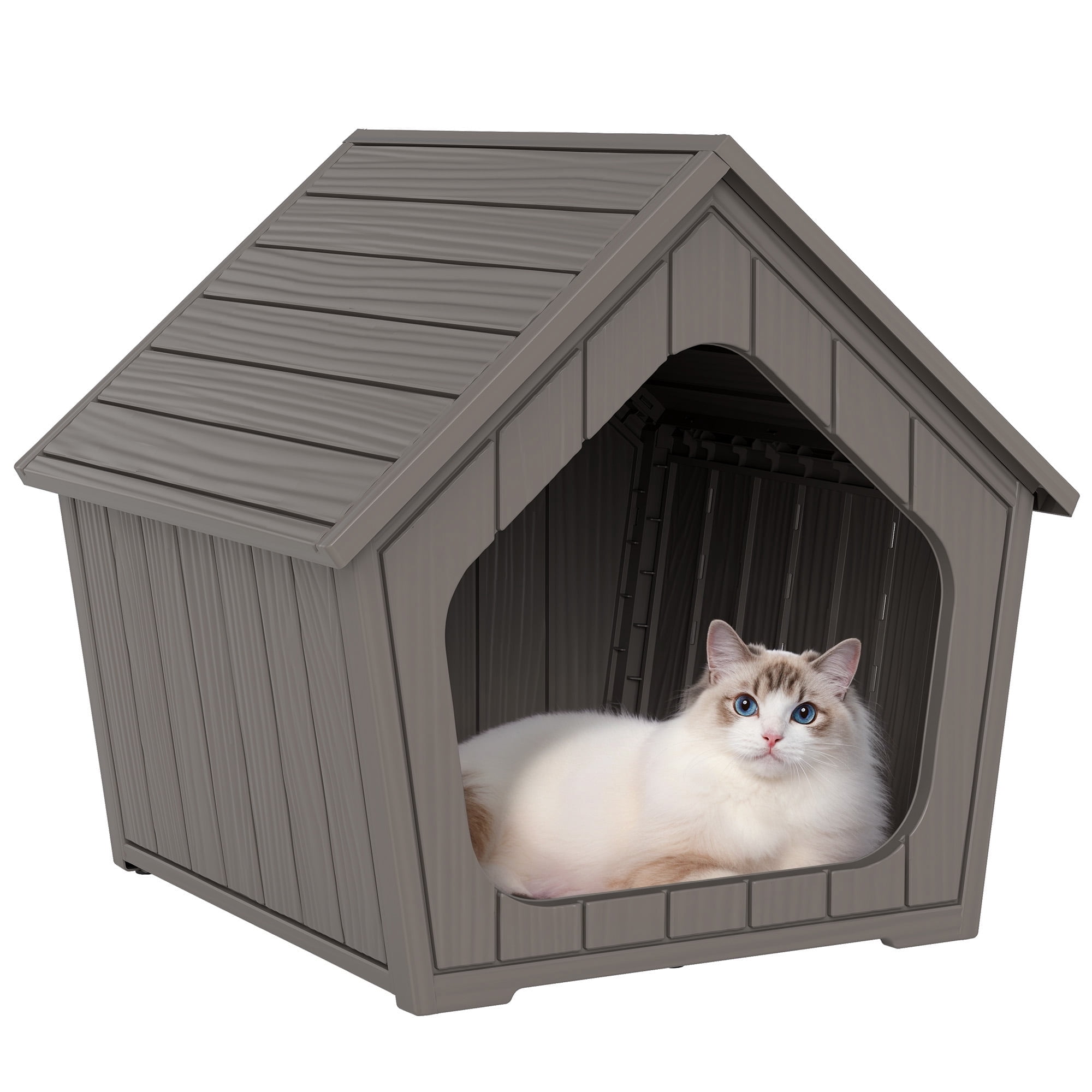 LHBcraft Outdoor Cat House,Weatherproof Resin Cat Shelter for Stray & Feral Cats,Durable All-Season Pet House for Indoor & Outdoor,Gray
