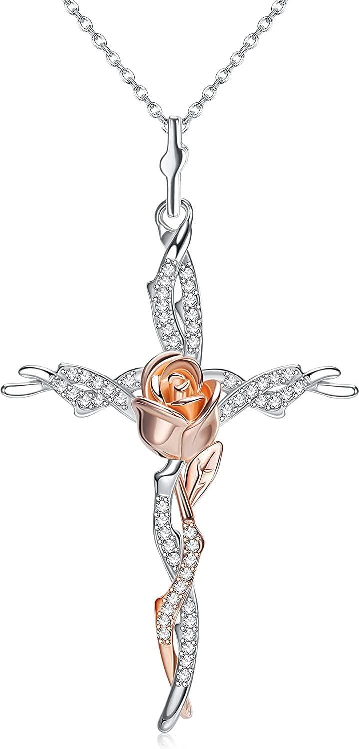 LHCER 925 Sterling Silver Cross Pendant Necklace for Women Rose Flower