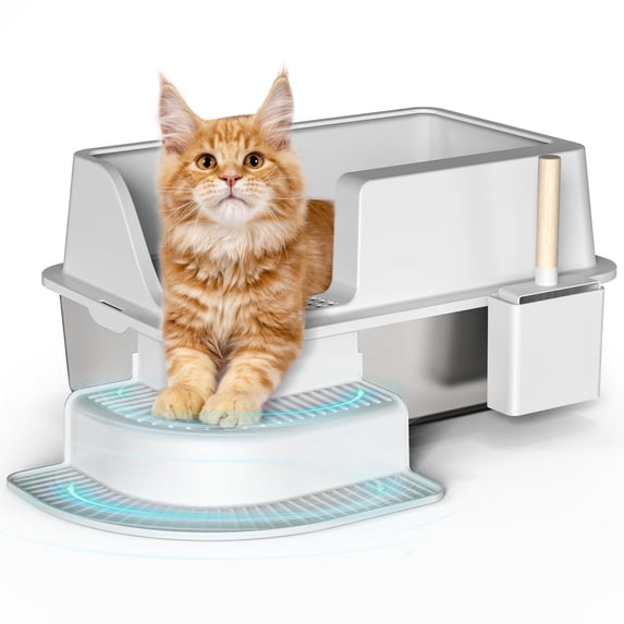 Enclosed Stainless Steel Cat Litter Box Extra Large Litter Box for Big Cats, High Side Enclosure Metal Litter Pan Tray with Scoop, Anti-Leakage, Easy Cleaning
