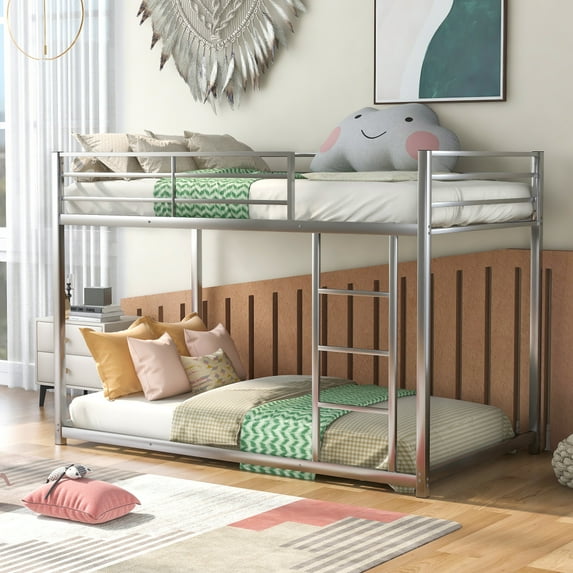 LHCFS Corp Twin Over Twin Metal Bunk Bed, Low Bunk Bed With Ladder, Silver