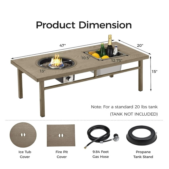 LHKJ 47" Beige Aluminum Propane Fire Pit Table 50,000 BTU 3-in-1 with Ice Bucket