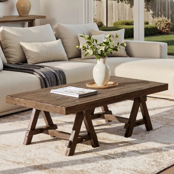 LHKJ 48" Solid Reclaimed Elm Rectangular Trestle Coffee Table (Medium-Dark Brown)