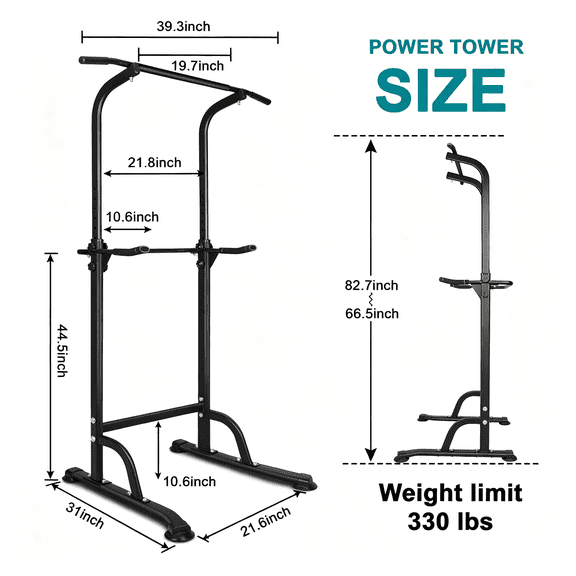 LHKJ Black Power Tower Dip Station – Height Adjustable Pull Up Bar for Home Gym