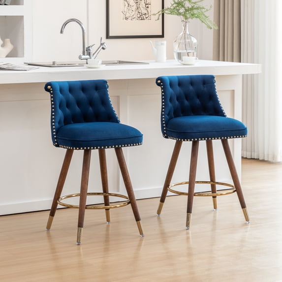 LHKJ Elvara Button Tufted Counter Stools with Nailhead Trim, Blue, Set ...