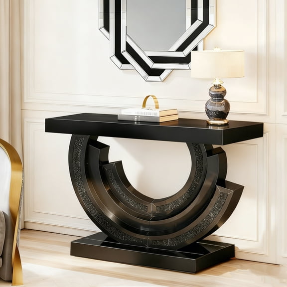 LHKJ Modern Luxury Console Table with Half-Moon Mirrored Base & Black Glass Top, Glam Accent