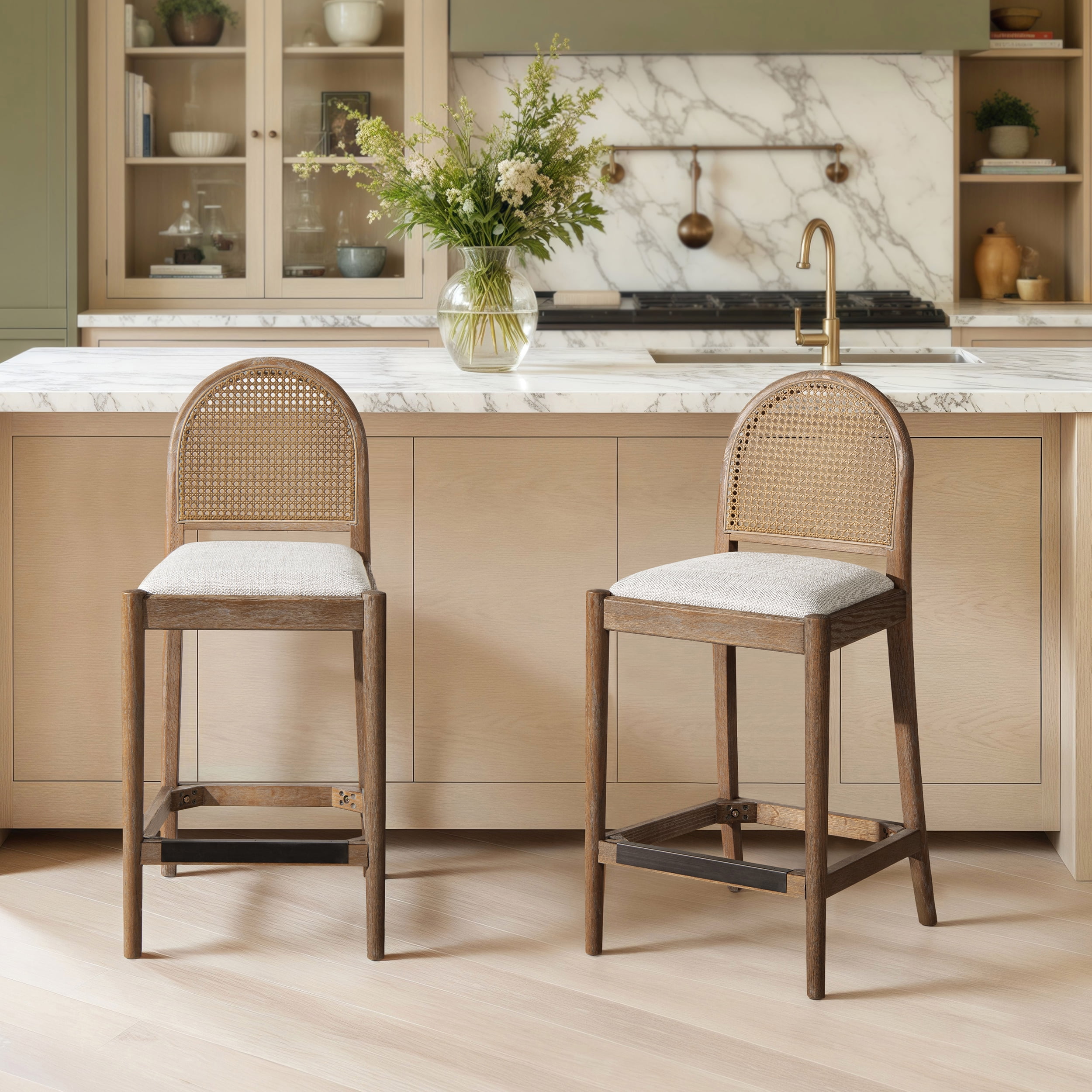 LHKJ Panama 26.5 in. Curved Back Cane Rattan Counter Stool, Two Tone ...