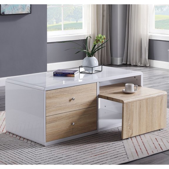 LHKJ Rectangular Coffee Table with Pull-Out Table in White High Gloss