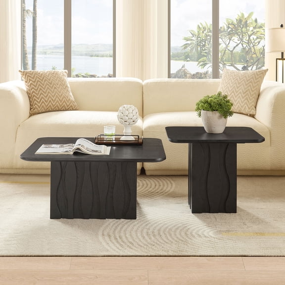 LHKJ Set of 2 Nesting Square Coffee Tables with Wavy Fluted Base, Mid-Century Design (Black)