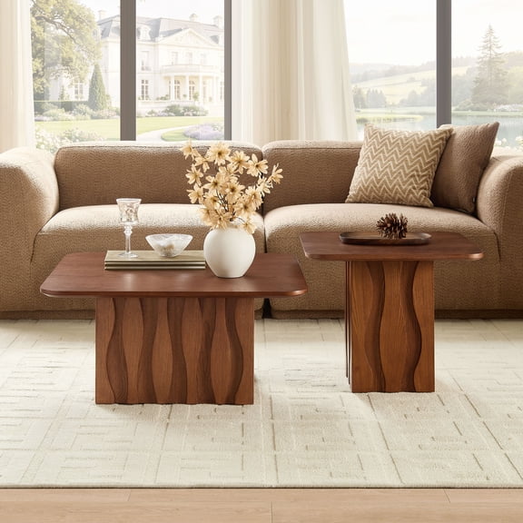 LHKJ Set of 2 Nesting Square Coffee Tables with Wavy Fluted Base, Mid-Century Design (Brown)
